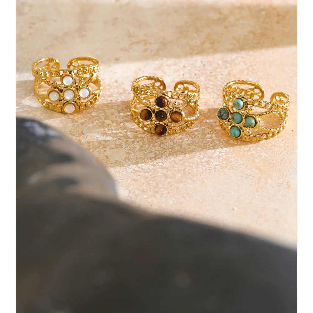Yhpup Stainless Steel Tiger Turquoise Stone Flower Adjustable Ring Rust Proof Gold Color Stylish Charming Finger Jewelry