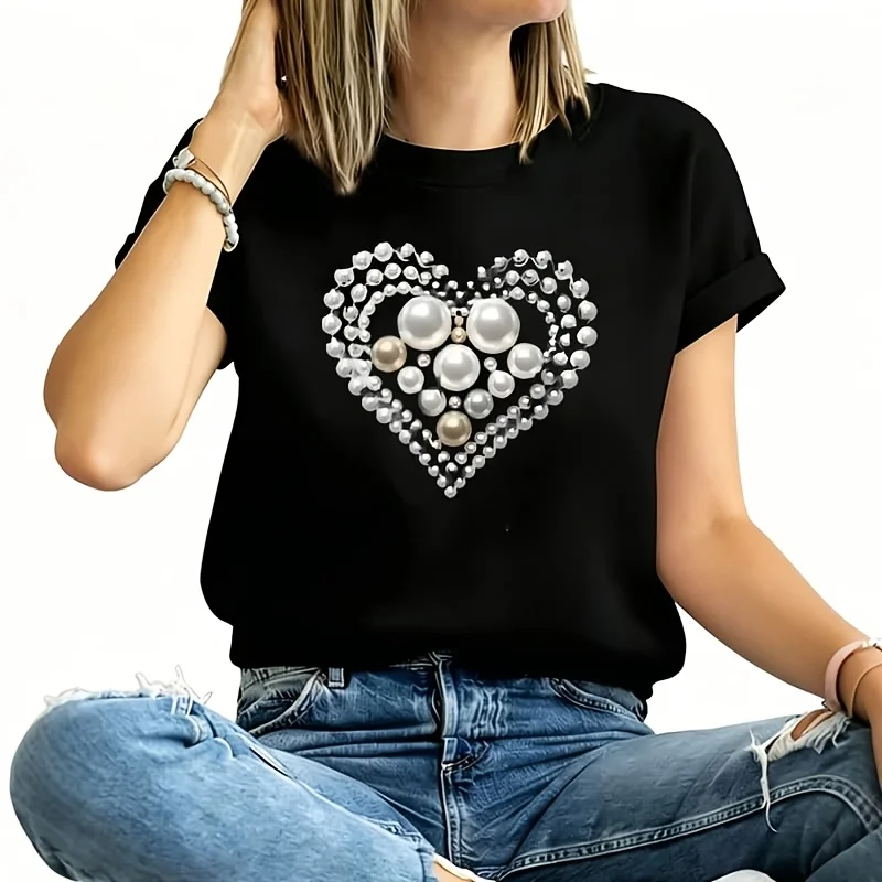 Heart-Shaped Pearl Women's Plus Size T-Shirt 100% Cotton 220g