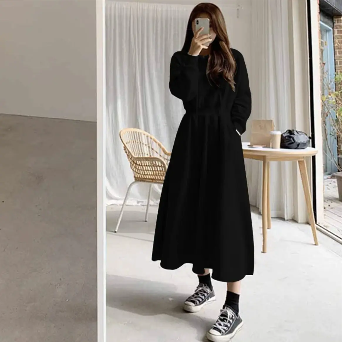 Autumn and Winter Sweatshirt Dress with Long Sleeves Hooded Waist Casual Solid Color Dress