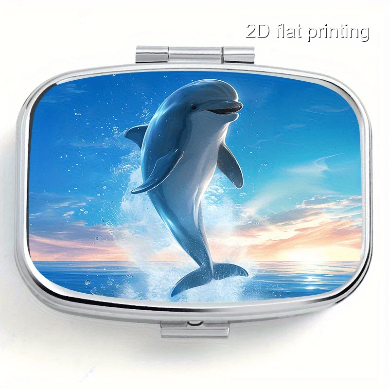 Single pack, flat print, dolphin playing in the water, rectangular multi-compartment portable pill box, sealed and moisture-proof, portable storage box, suitable for vitamins, pills, and small items, essential for outdoor activities