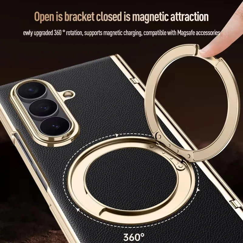 Luksusowe skórzane etui do Samsung Galaxy Z Fold8 Ultra 8 7 360 ° Obrotowy uchwyt, magnetyczna folia ochronna z hartowanego szkła, bezprzewodowe ładowanie — zdjęcie produktu 3