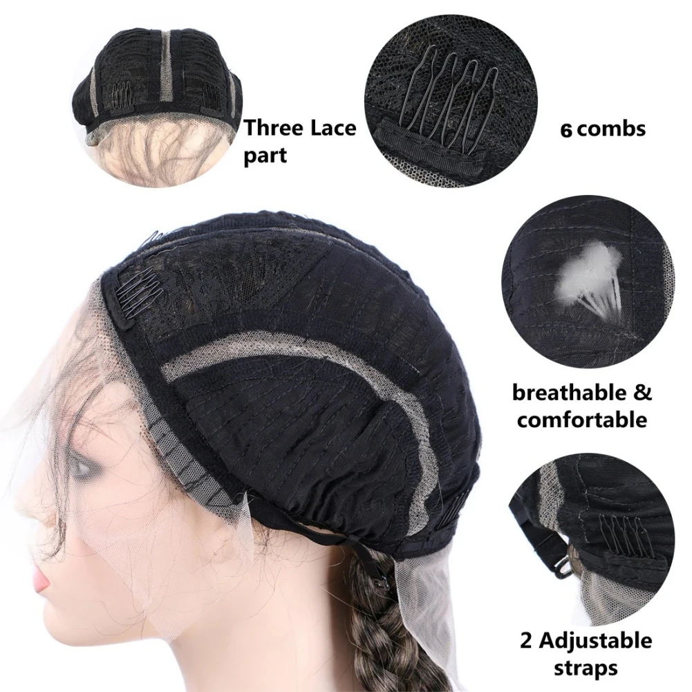 Wig Renda Depan Kepang Sintetis dengan Rambut Bayi Wig Rambut Kepang Panjang 32 Inci Wig Renda Kepang Sintetis Wig Suhu Rendah