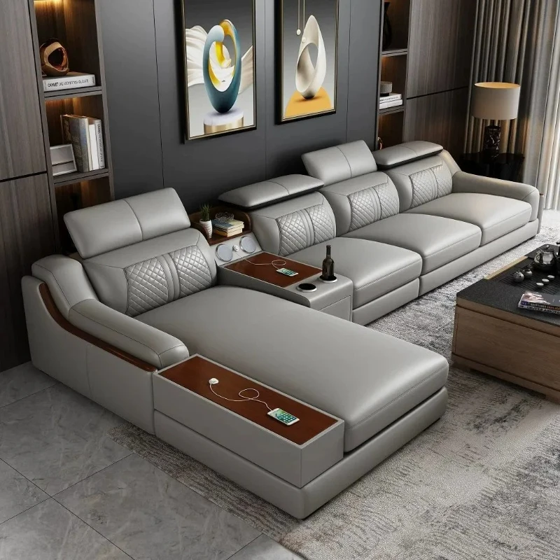 #for Living Room With Cup Holder, USB, Adjustable Headrests & Bluetooth Speaker - Lazy Sofa Stylish Italian Genuine Leather Sof