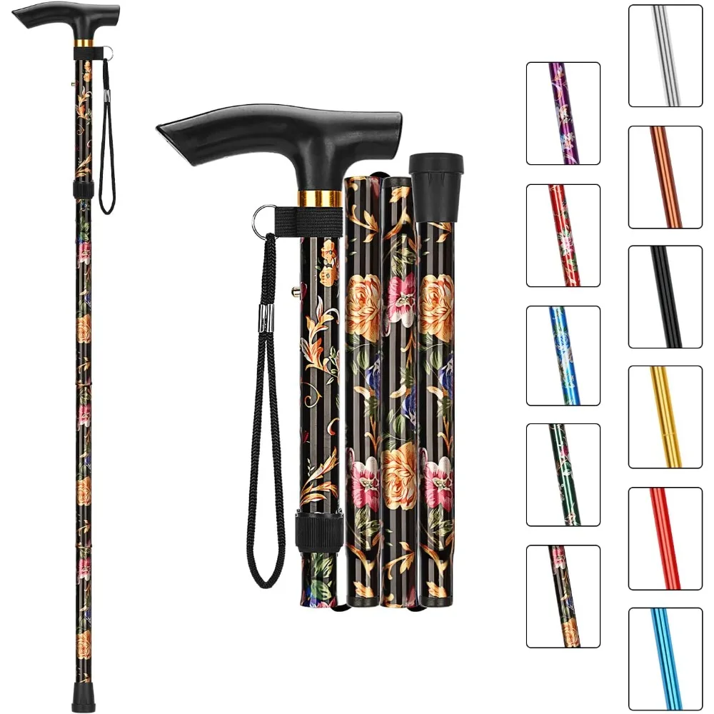 Bastón de aleación de aluminio plegable en forma de flor, portátil, de cinco posiciones, altura ajustable, con correa para la muñeca y mango en forma de T