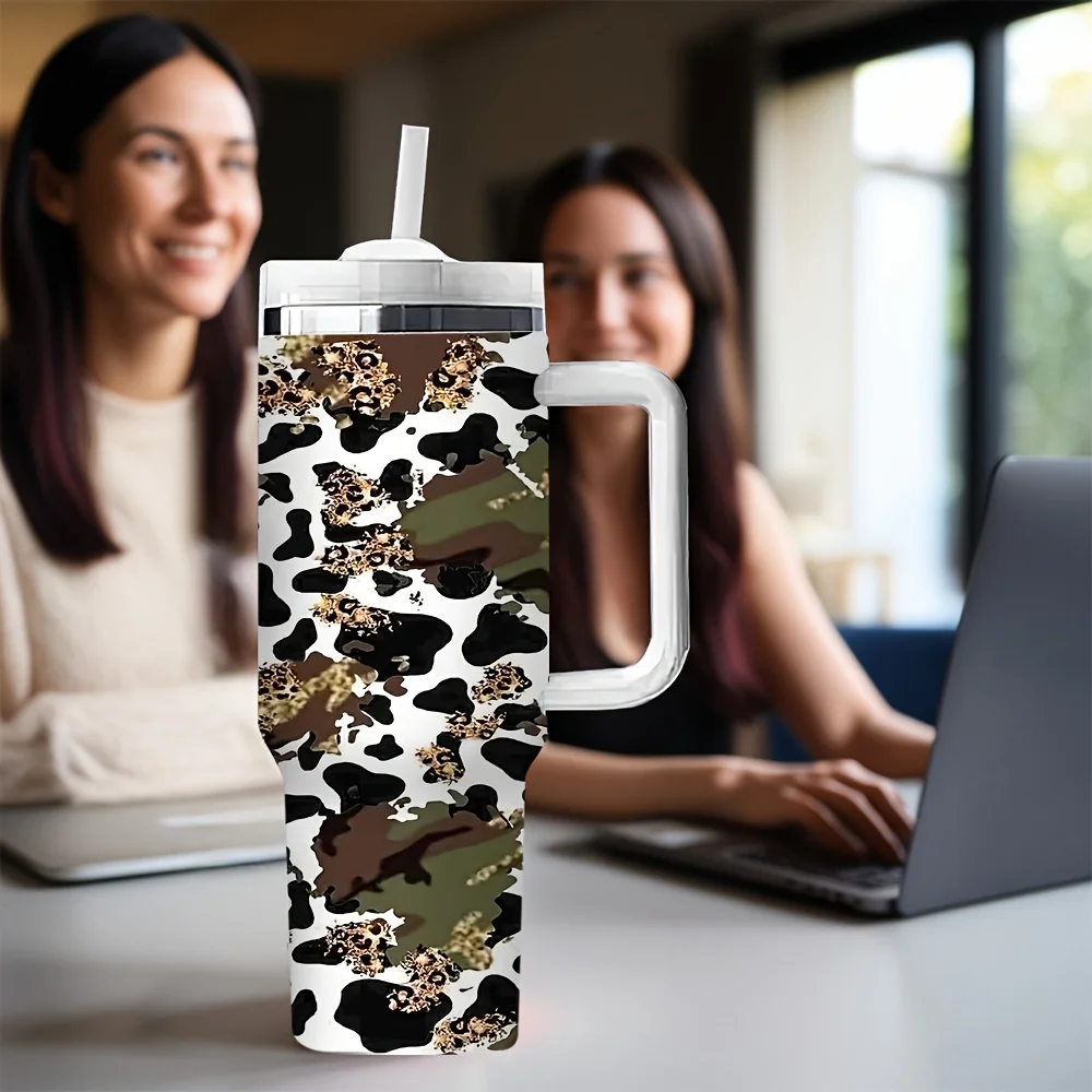 Trendy Mixed Cow Leopard And Camouflage Print Portable Daily Drinking Water Tumbler with Comfortable Handle And Reusable Straw