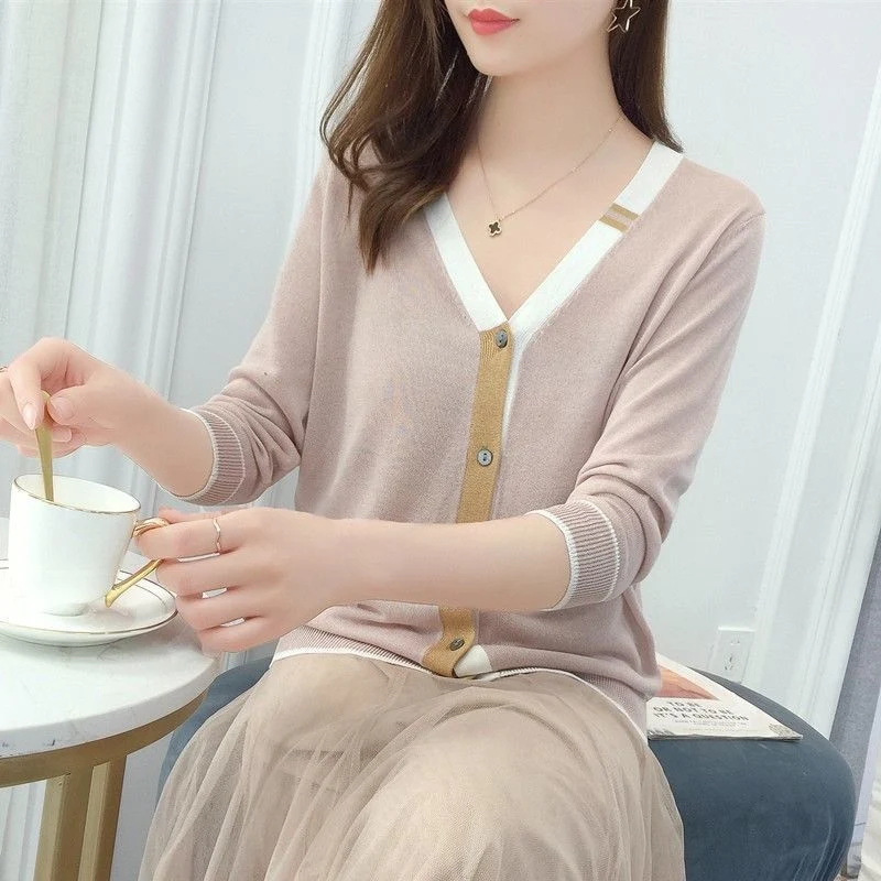 Spring Fall Casual V-Neck Long Sleeve Knitted Cardigan Women Korean Fashion Sweet Chic Loose Thin All-Match Basic Sweater Jacket