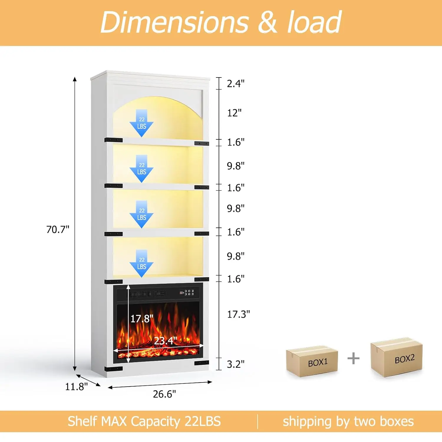 71 Inch 4-Tier Bookshelf With 750W/1500W Fireplace Insert Arched LED Light Strips For Living Room Bedroom Study, Customized