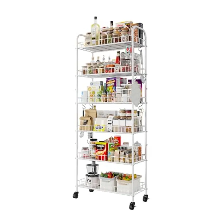 6 Tier Slim Rolling Storage Cart with Wheels Metal Mobile Shelving Unit Organizer Utility Cart for Office Bathroom Kitchen Laun