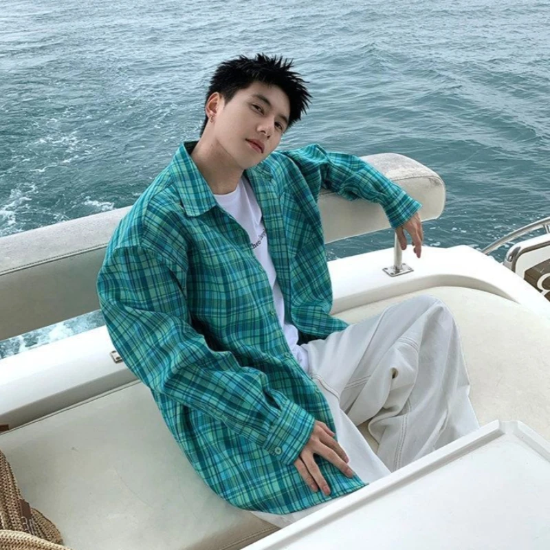 New Men Vintage Checkered Long Sleeve Shirt Dopamine Trendy Loose Casual Shirt 2026