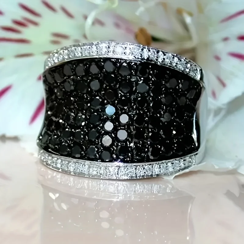 Personalized Retro Black Color Zircon Inlaid Wide Face Women's Ring, Uniquely Designed Holiday Party Jewelry Gift