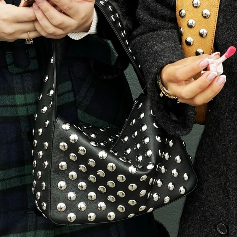 Y2K Elena Grain Punk Bag For Women Luxury Designer Handbags And Purses 2024 New In PU Leather Lychee Texture Full Rivet