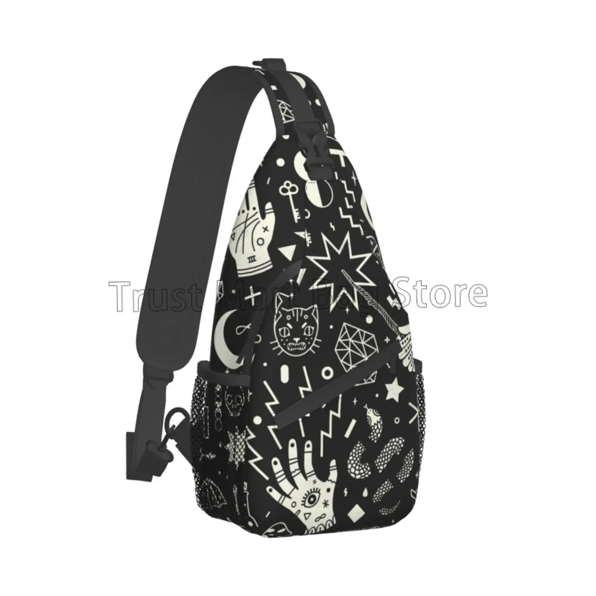 Magical Style Hand Eyes Moon Skull Cat Bat Snake Key Sling Backpack Chest Bag Casual Crossbody Shoulder Bag Travel Daypack