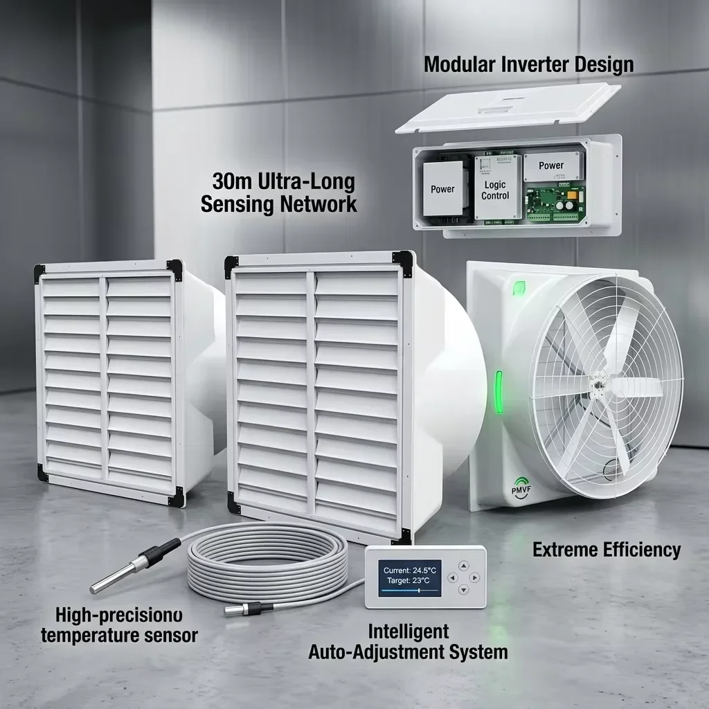 Industrial electric exhaust fan, automatic temperature control, glass fiber 30m sensor probe, modular inverter, permanent magnet