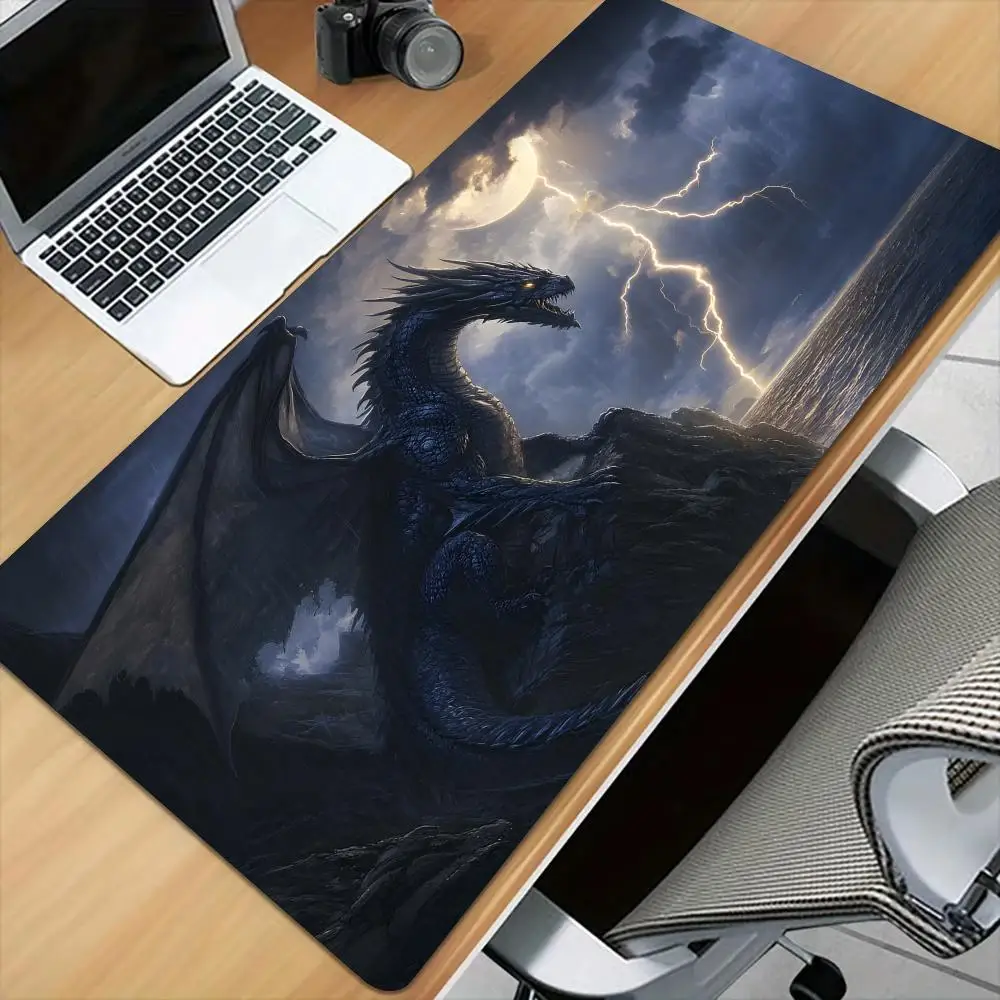 

Таинственный черный гигантский дракон, большой коврик для мыши, настольный коврик, нескользящий игровой коврик с прошитыми краями, ковер для мыши, волшебный игровой коврик с драконом