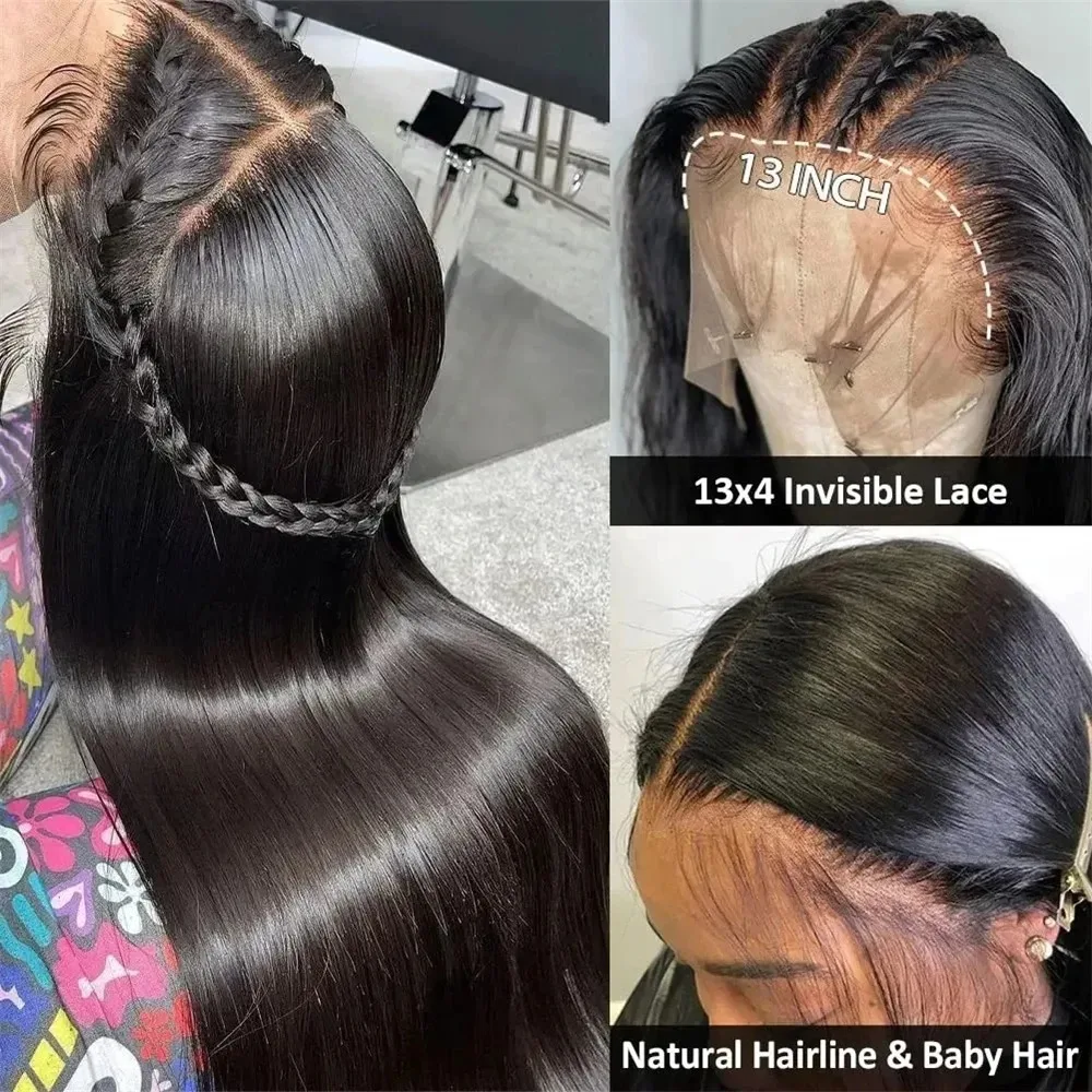 Peruca frontal do laço reto brasileiro para mulheres negras, perucas de cabelo humano, HD transparente, 13x4, 13x6, 30 ", 32"