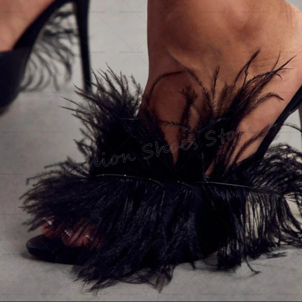 

Black Feather Decor Pointed Toe Slippers Open Toe High Heel Shoes for Women Fashion Heels Party Shoes 2025 Zapatos Para Mujere