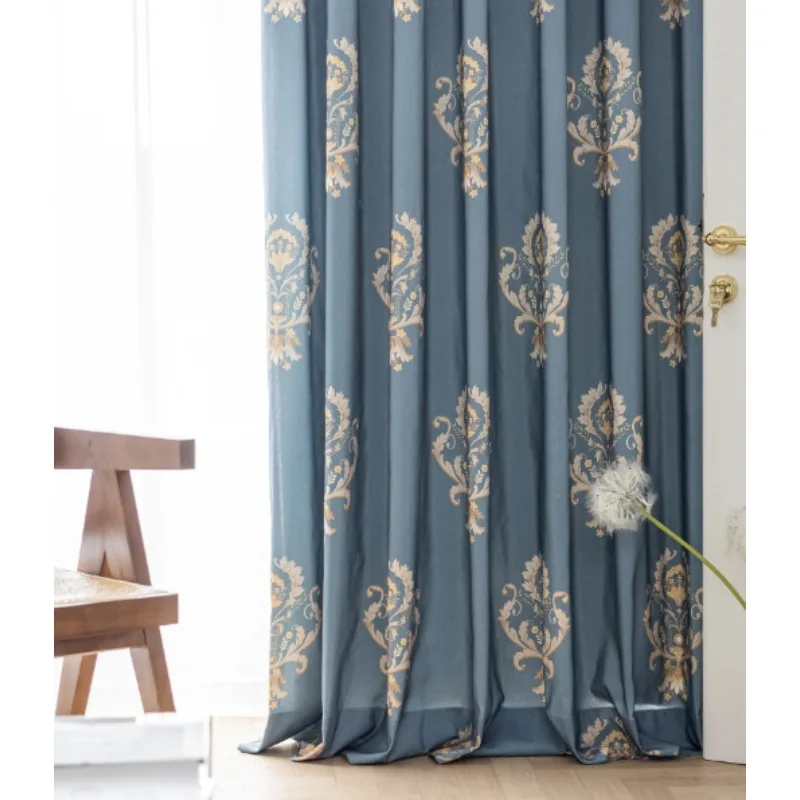Simple European Style Blue Polyester Cotton Printed Semi Blackout Curtains for Living Room, Bedroom, Balcony Curtains