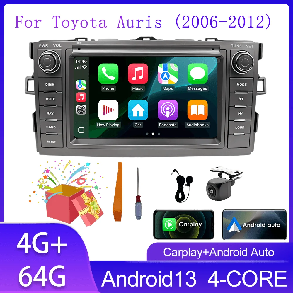 CarPlay Autoradio Multimedia-Player für Toyota Auris 2006-2012 mit Touchscreen, GPS-Navigation und Unterstützung für Rückfahrkamera.