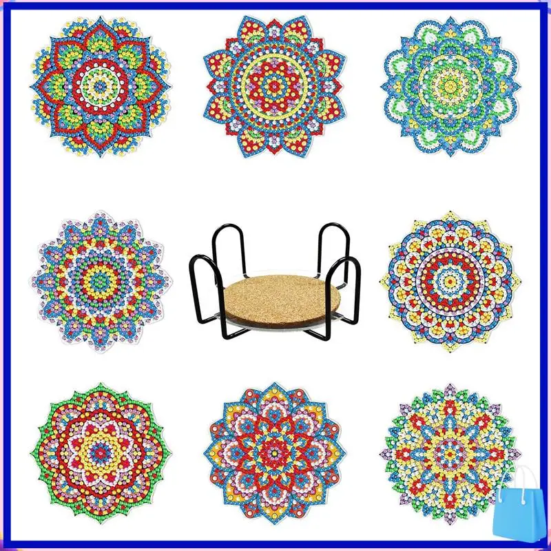 مجموعة قواعد أكواب مكونة من 8 قطع المفضلة لدى العملاء مجموعة قواعد أكواب فنية ماسية ماندالا مع حامل، مجموعة أدوات رسم ماسية ذاتية الصنع