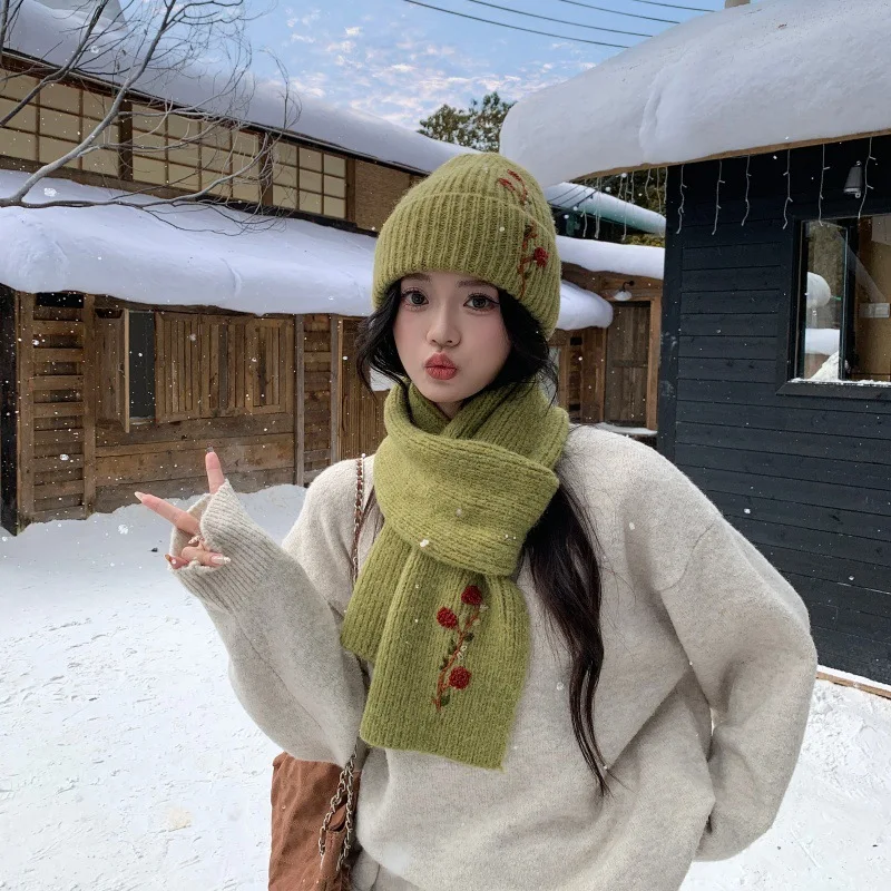 Embroidered Flowers With Wool Knitted Scarf And Cap Women's Autumn And Winter Outdoor Keep Warm Cold Protection Pullover Hats