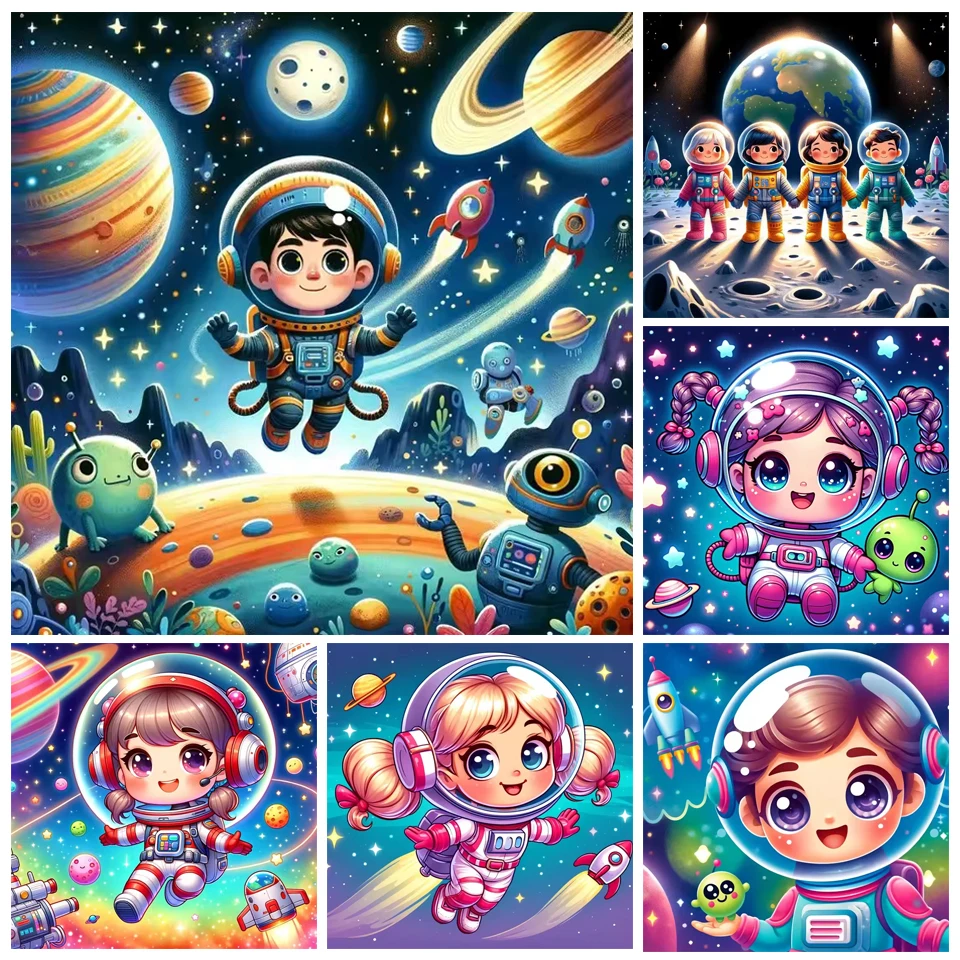 만화 우주 비행사 5D 풀 라운드 다이아몬드 페인팅 키트, 귀여운 우주 비행사 및 코스모스 DIY 드릴, 모자이크 자수 크로스 스티치 선물