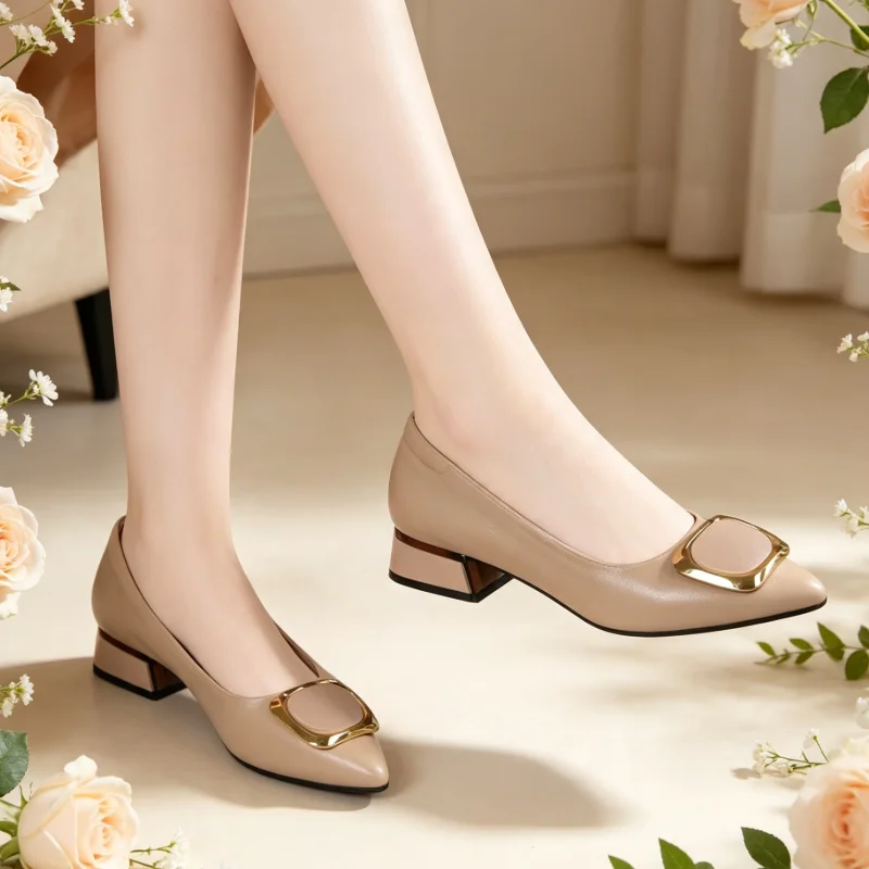 Scarpe da Donna con Punta Affusolata e Tacco Quadrato, Scarpe a Tacco Basso in Morbida Pelle con Fibbia Quadrata in Metallo, Scarpe Eleganti da Uffici