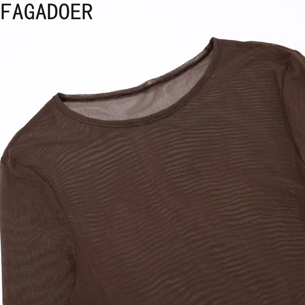 FAGADOER Sexy Mesh 4 Pieces Set for Woman Outfits Solid Color Long Sleeve Crop Top + Shorts Matching Female Streetwear Clothing - Image 6