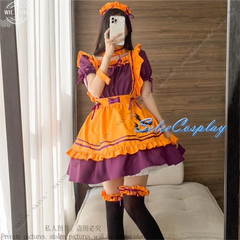 

Halloween Maid Cosplay Costume Dress Apron Headwear Sleeve Necklet Legwear Woman Adult Kid Maid Uniform Role Play Stage Costume