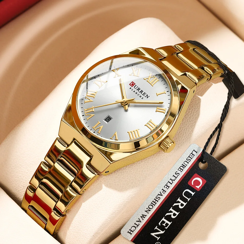 CURREN jam tangan Stainless Steel wanita, arloji emas QUARTZ tahan air untuk hadiah pacar Romatic