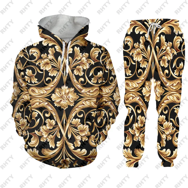 luxury golden flower 2 Piece jacket Suit Sportswear baroque Autumn Winter Men's Zipper Hoodie Set 3D Printed Casual Fun