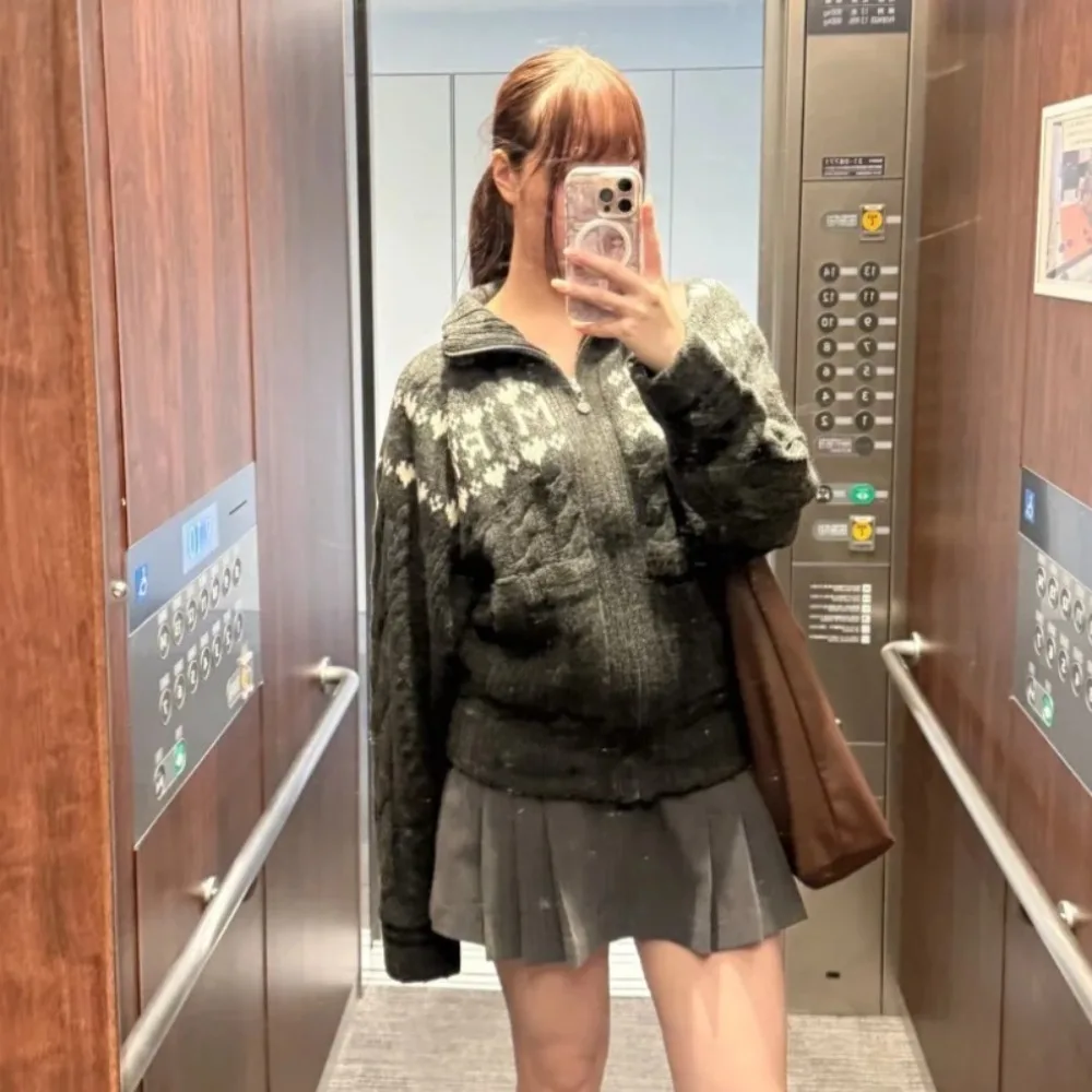 

Вязаный свободный простой офисный женский джемпер на молнии, темпераментный новый жаккардовый кардиган с принтом, японский свободный вязаный кардиган в стиле меньшинств