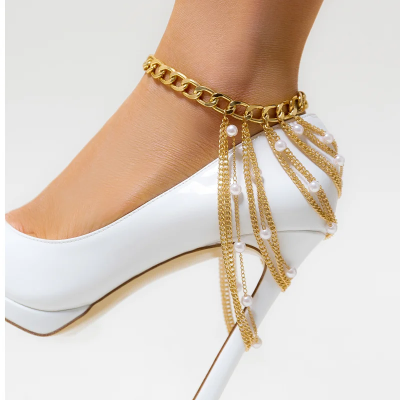Vintage Fashion multistrato perla nappa catena tacco alto scarpa piede caviglia gioielli da spiaggia braccialetto piede per le donne ragazza