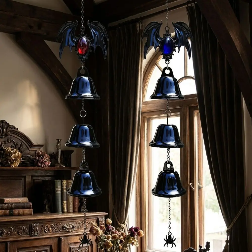 Dark Style Halloween Bat Wind Chime Vintage Triple Bell Bat Spider Hanging Ornament Fade Resistant Waterproof Wall Mounted Bells