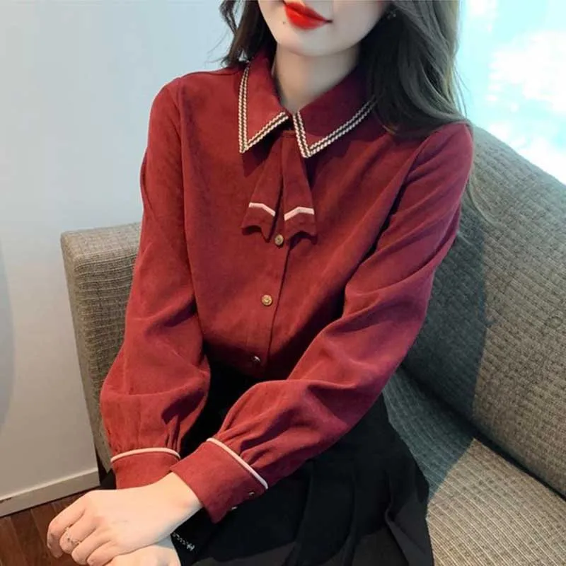 Sweet Lapel Button Solid Color Spliced Bow Shirts Female Clothing 2024 Spring New Loose Casual Tops All-match Blouses