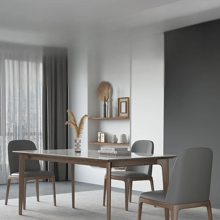 

Яркий обеденный стол из каменной плиты, массив ясеня, обеденный стол и стулья из орехового дерева.