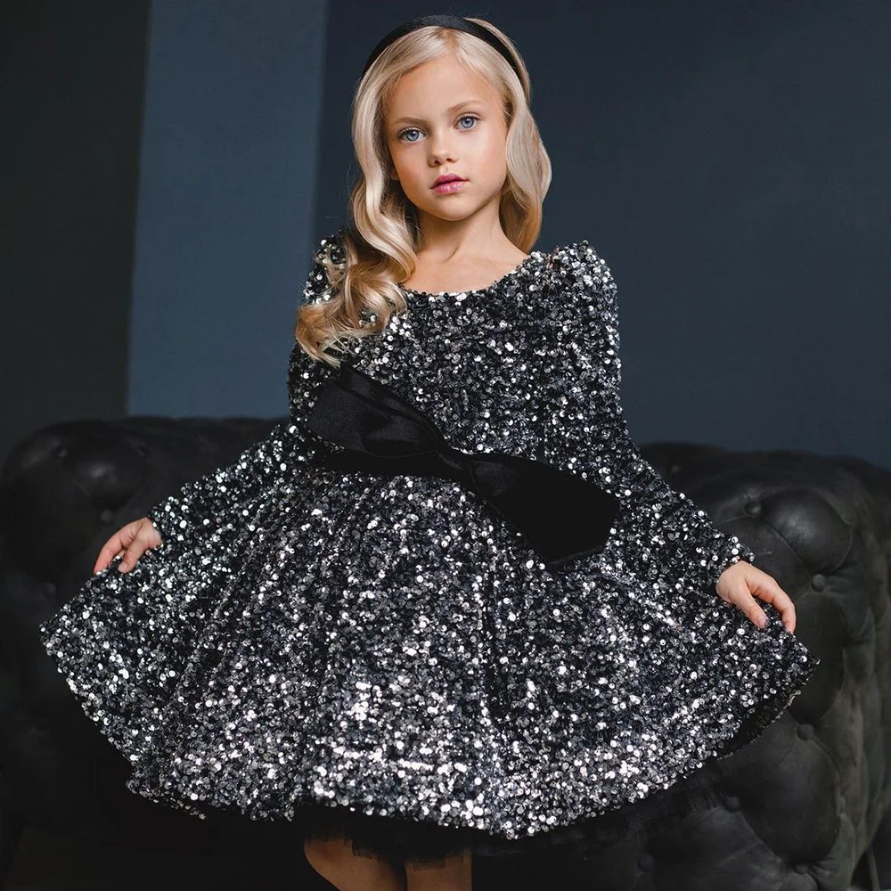 Stylish Long Sleeve Sequin Girl's Pageant Dress Glitter A-line Knee Length Kids Formal Christmas Party Gown Flower Girl Dress