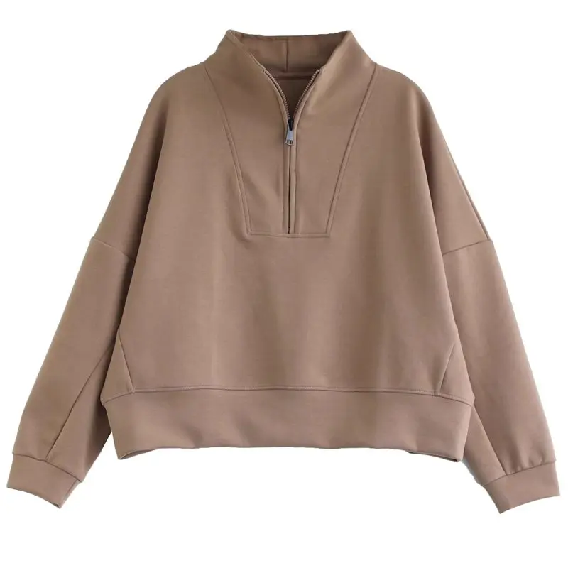 ผู้หญิงสีทึบคอปกครึ่งซิปเสื้อกันหนาวฤดูใบไม้ร่วงฤดูหนาวเสื้อโอเวอร์ไซส์แขนยาวเสื้อลำลองเสื้อผ้าผู้หญิง