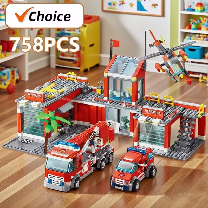 

Latest City Fire Station 758PCS Building Blocks Set Fire Truck Helicopter Firefighter Rescue Toys Educational DIY Gifts For Kids