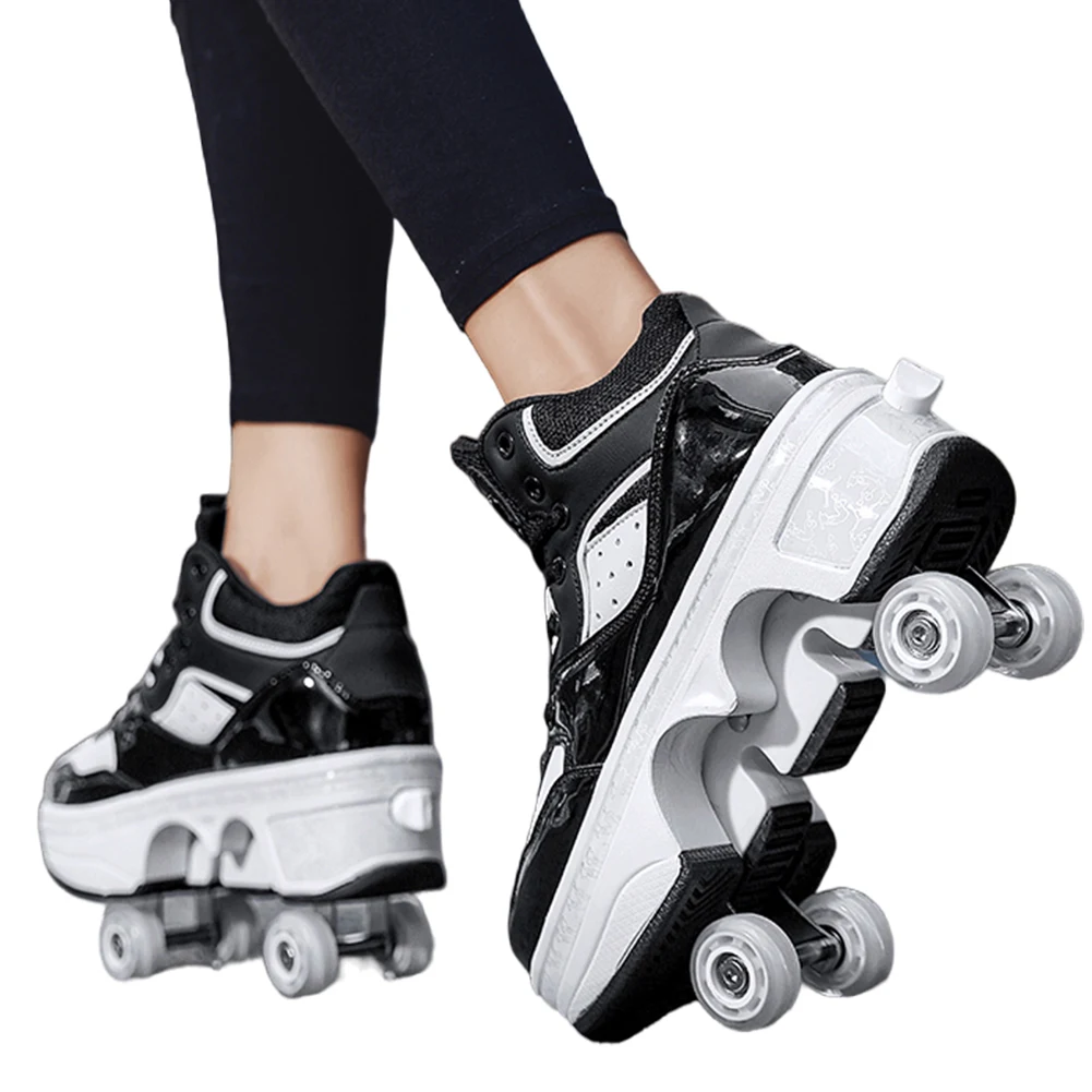 Roller Skate Shoes 2 in 1 Skating Shoes 4 Wheels Fashion Sneaker with Wheels Breathable Automatic Walking Shoes for Outdoor Fun