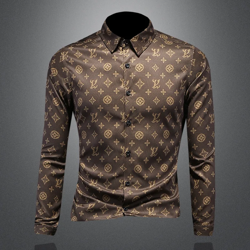 

New brand Korean style trendy long sleeved shirt, youth plus size slim fit shirt, printed top