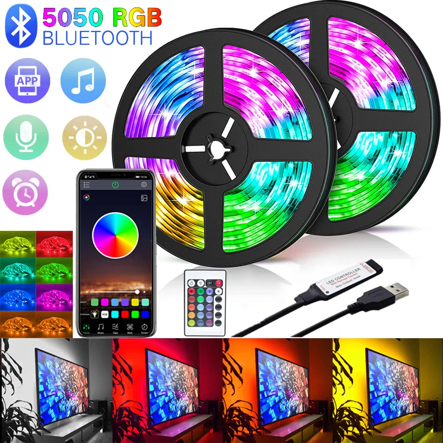 1-30M LED Strip Light RGB USB Flexible Lamp Tape Diode USB Cable Bluetooth Control DC 5 V Desk Screen TV Background Lighting