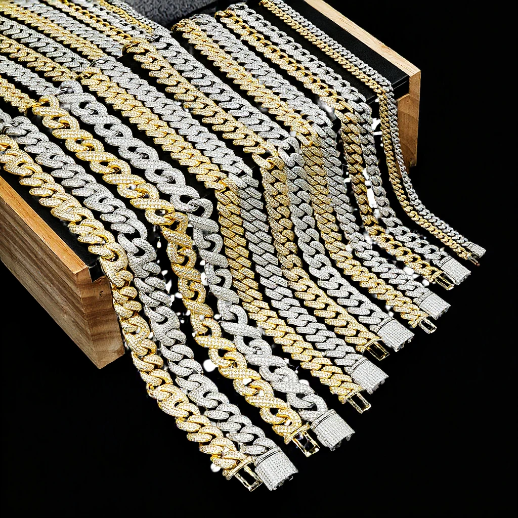 Cuban .Popular Moissanite Link Chain for Men 2rows 8mm-14mm Width Hip Hop Gold Plated 925 Sterling Silver Necklace Gift Party