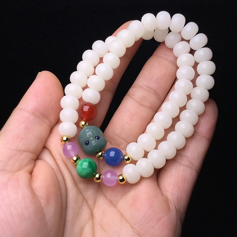 White Jade Double-Loop Bracelet for Women with Yin-Pi Bodhi Root Carved and Color-Protecting Agate Beads