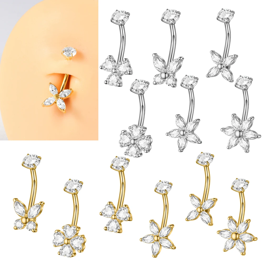 1PC CZ Marquise Flower Butterfly Belly Button Ring Surgical Steel 14G Belly Barbell Piercing Inner Screw Navel Belly Stud