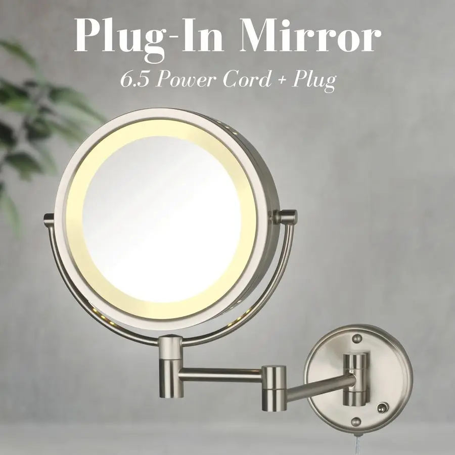 Miroir de maquillage mural avec éclairage LED, miroir de maquillage éclairé avec ampli de grossissement 8X, finition nickel, modèle de montage mural HL75N