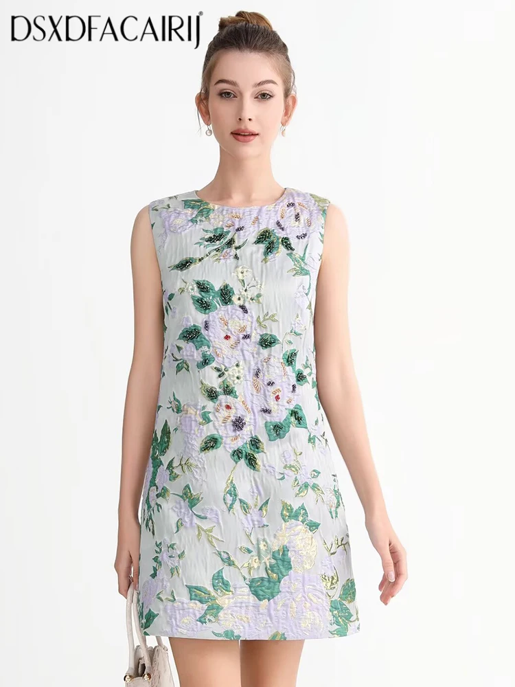 

DSXDFACAIRIJ Women's O-Neck Sleeveless Beaded Jacquard Mini Dress Vintage Vest Fashion Summer Female Clothing