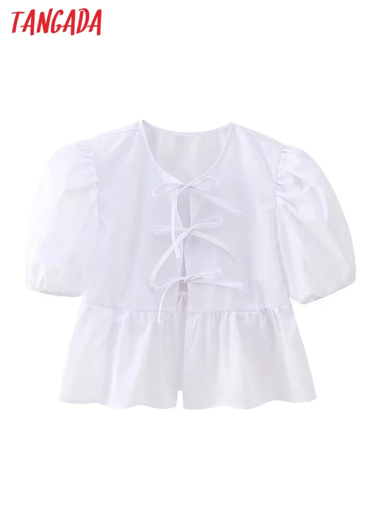 Tangada 2024 Women Summer Shirt Puff Short Sleeve Bow Female Blouse Tops BE012