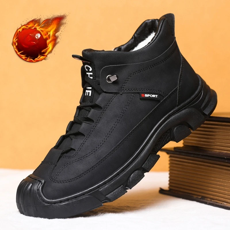Leather Patchwork Outdoor High Top Leather Fur Integrated Snow Boots Zapatillas Thickened Fleece Lined Men's Winter Cotton Shoes