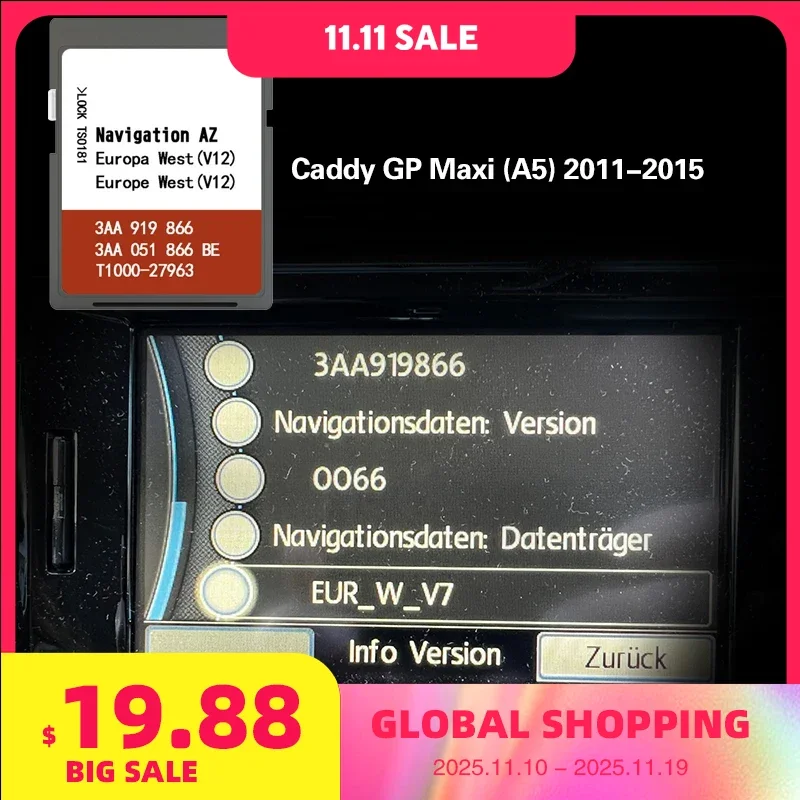 

Suitable for VW Caddy GP Maxi (A5) 2011-2015 AZ V12 WESTERN Europe UK Spain Map SD Card