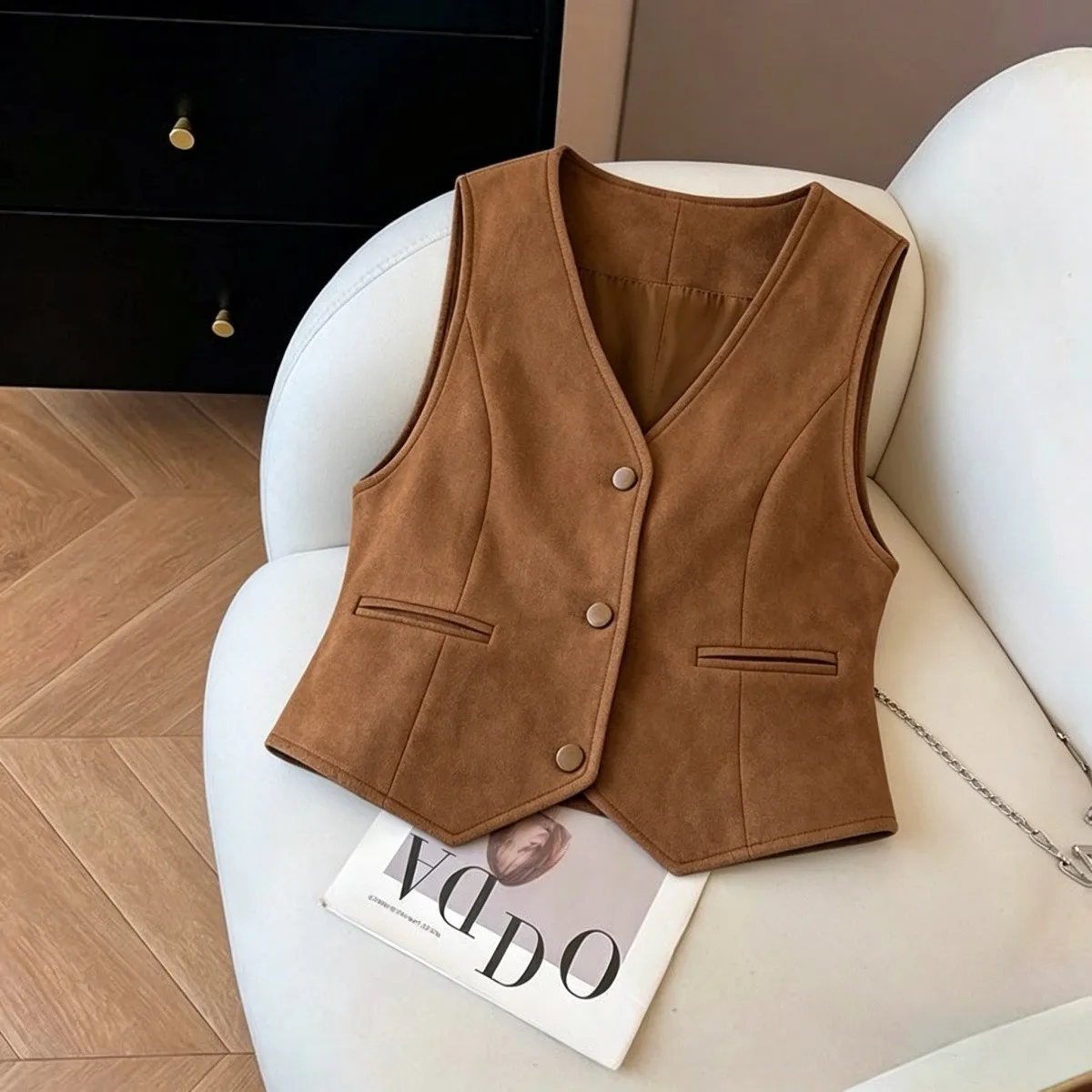 Slim Fit Suede Vest Women's Jacket Top Layered Wear Spring Autumn Short Size Small Casual Style Windproof Polyester Fiber